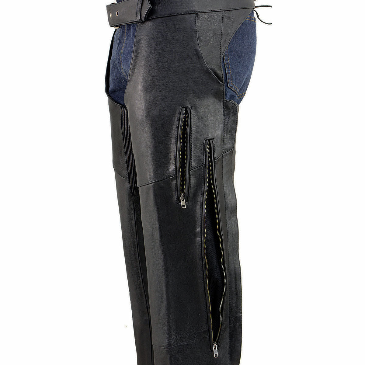 Chaps for Men's Black Vented Premium Leather Motorcycle Chaps w/ Side Pocket-Stretch Thigh-ML1129