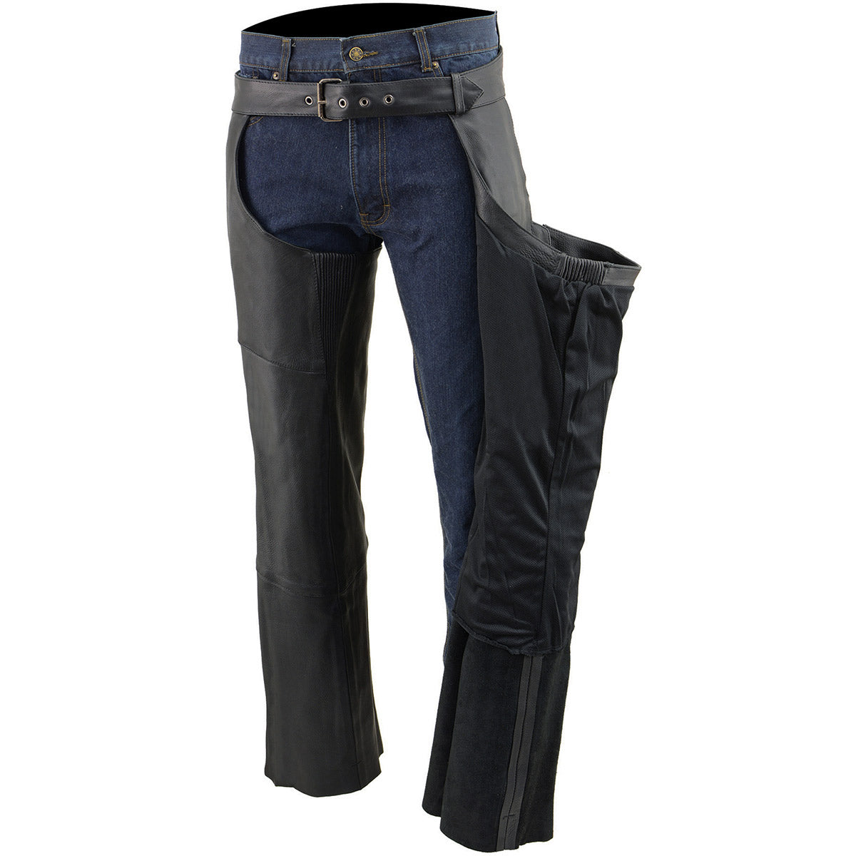 Chaps for Men's Black Vented Premium Leather Motorcycle Chaps w/ Side Pocket-Stretch Thigh-ML1129