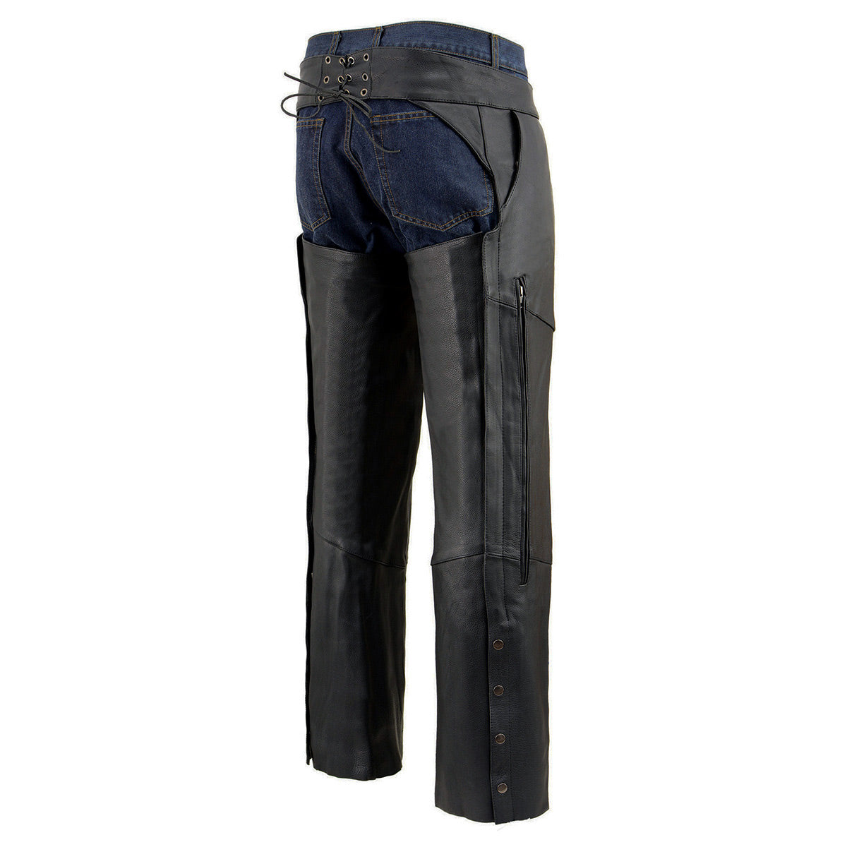 Chaps for Men's Black Vented Premium Leather Motorcycle Chaps w/ Side Pocket-Stretch Thigh-ML1129