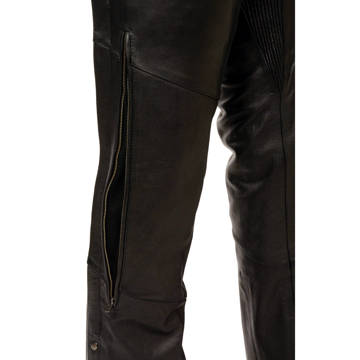 Chaps for Men's Black Vented Premium Leather Motorcycle Chaps w/ Side Pocket-Stretch Thigh-ML1129