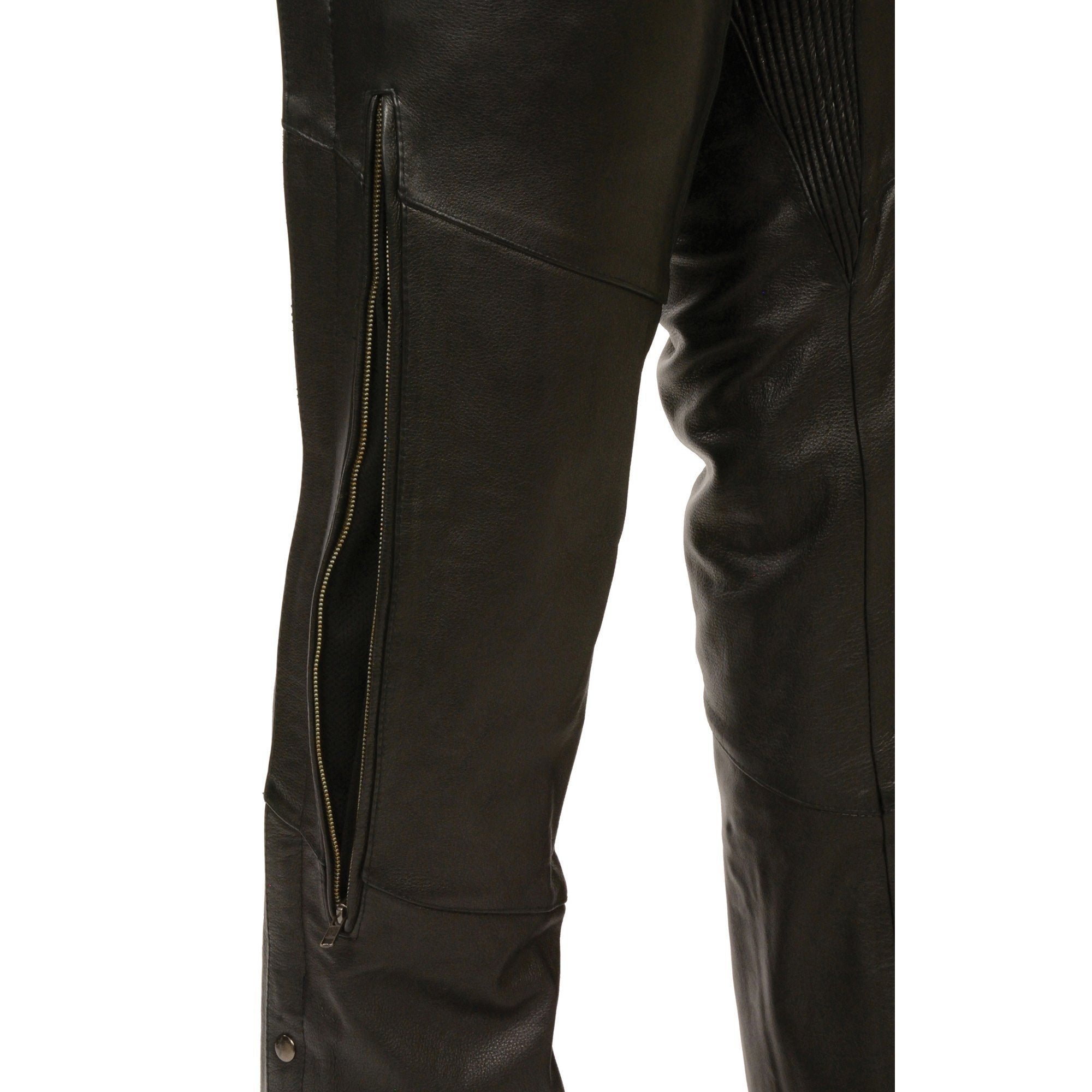 Chaps for Men's Black Vented Premium Leather Motorcycle Chaps w/ Side Pocket-Stretch Thigh-ML1129
