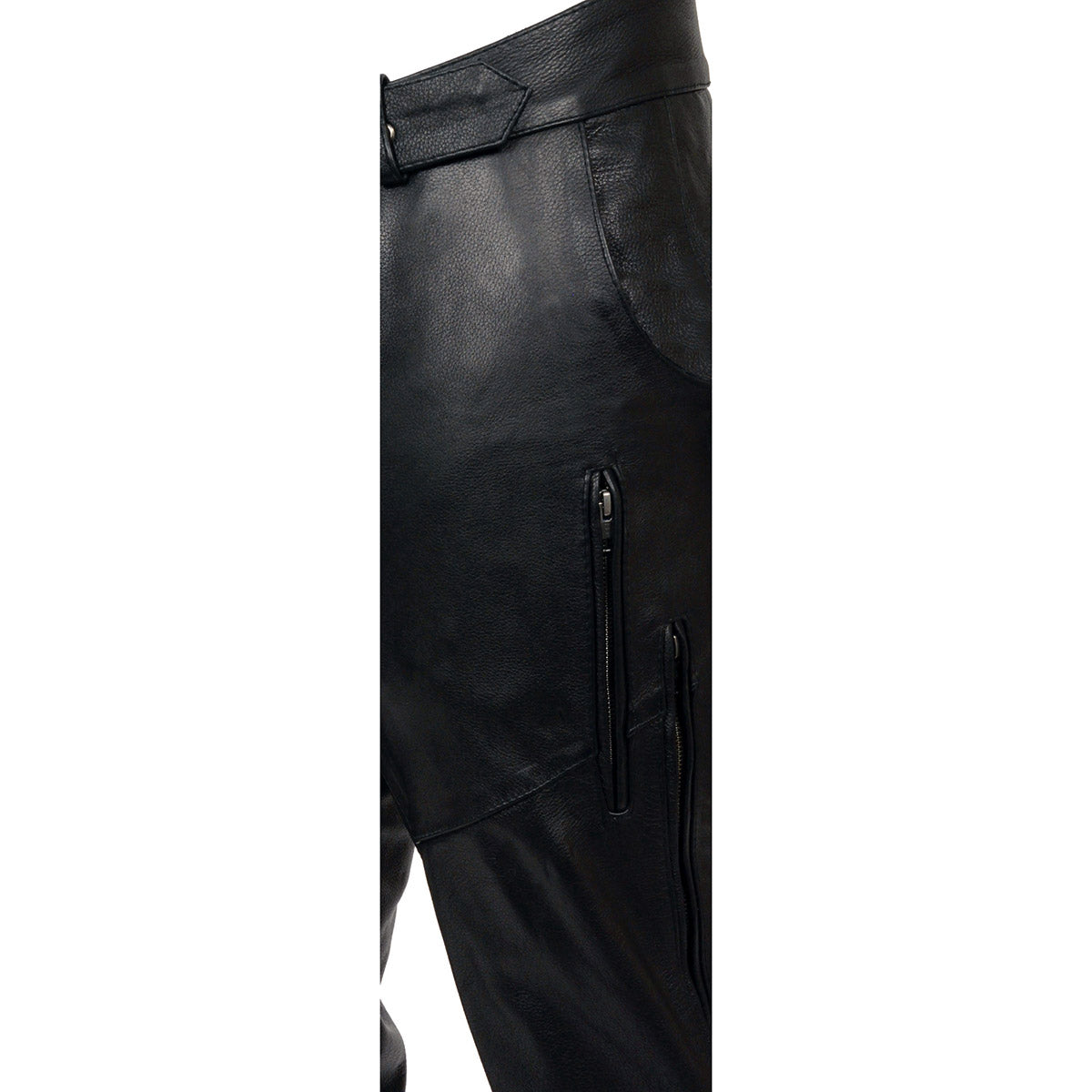 Chaps for Men's Black Vented Premium Leather Motorcycle Chaps w/ Side Pocket-Stretch Thigh-ML1129