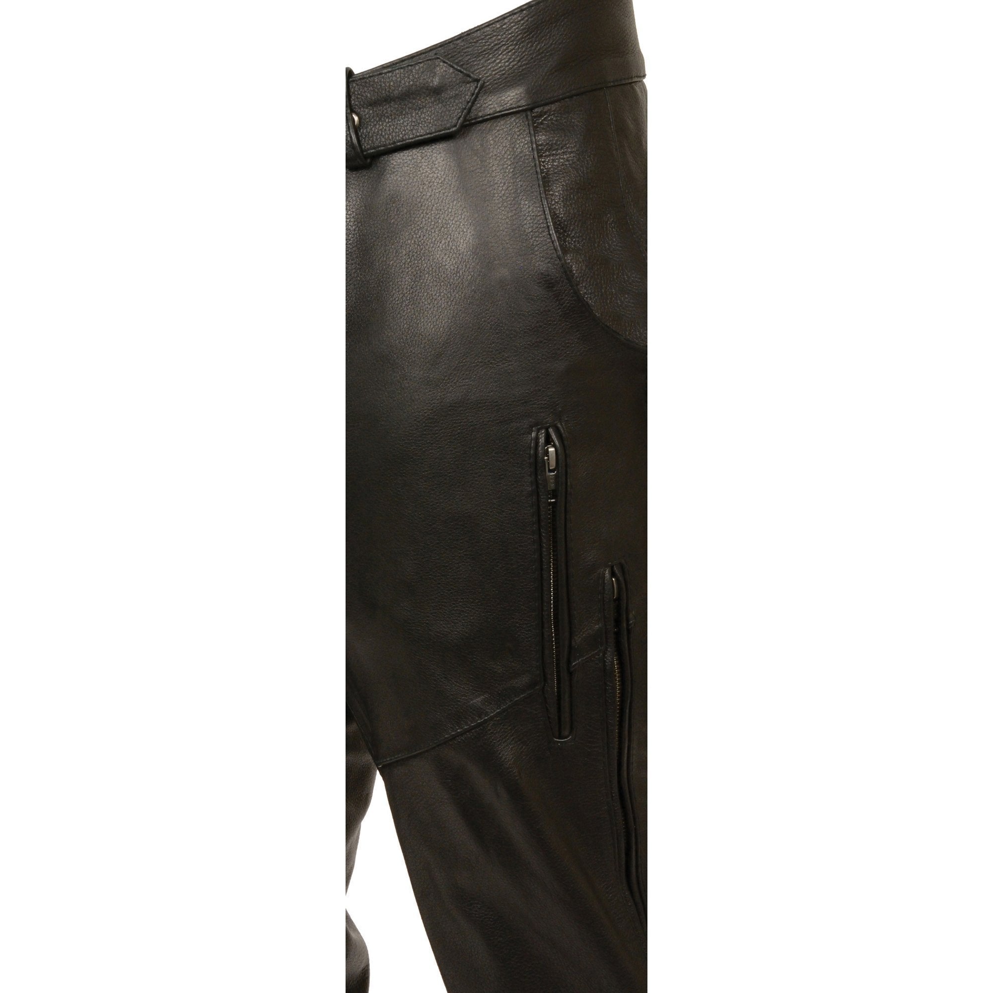 Chaps for Men's Black Vented Premium Leather Motorcycle Chaps w/ Side Pocket-Stretch Thigh-ML1129