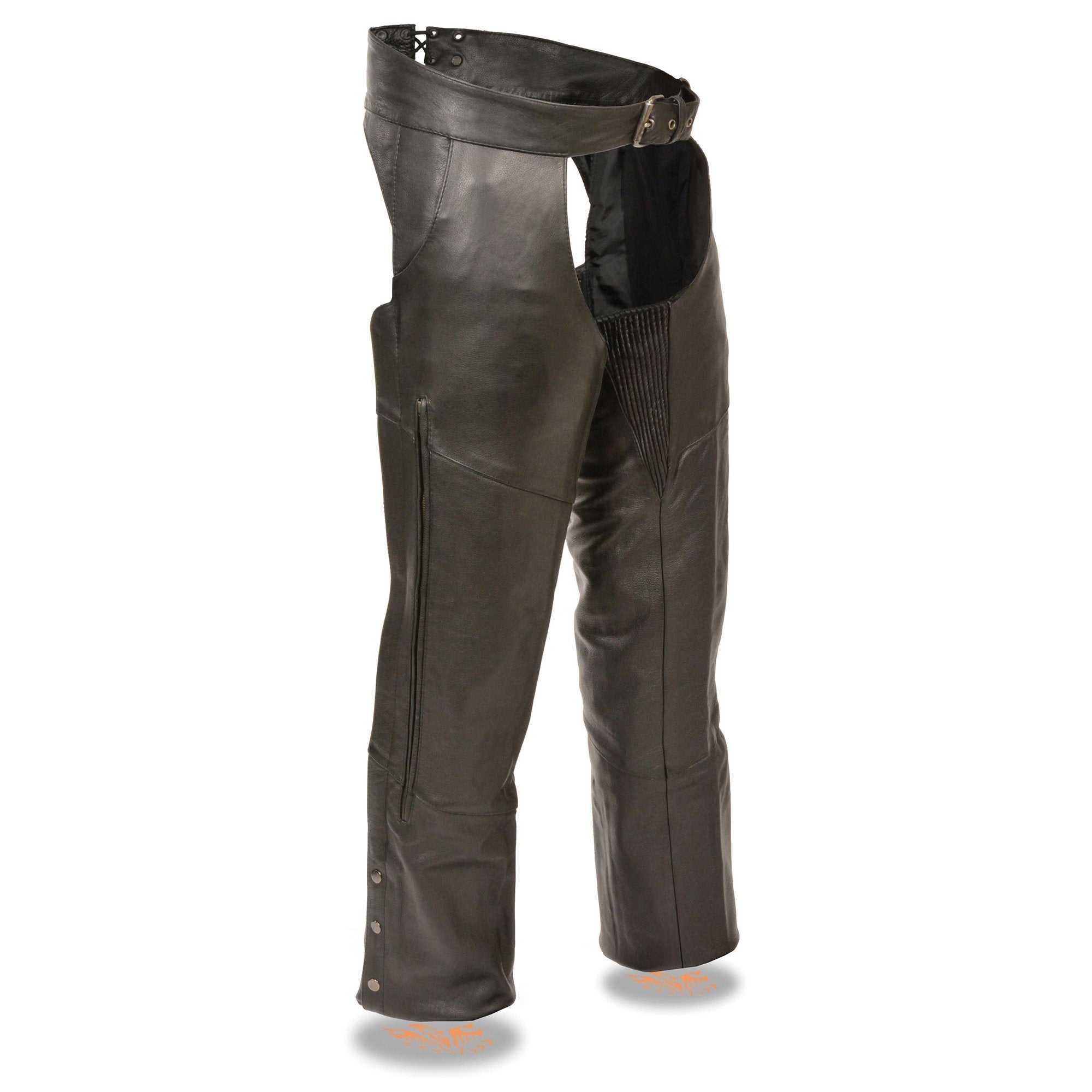 Chaps for Men's Black Vented Premium Leather Motorcycle Chaps w/ Side Pocket-Stretch Thigh-ML1129