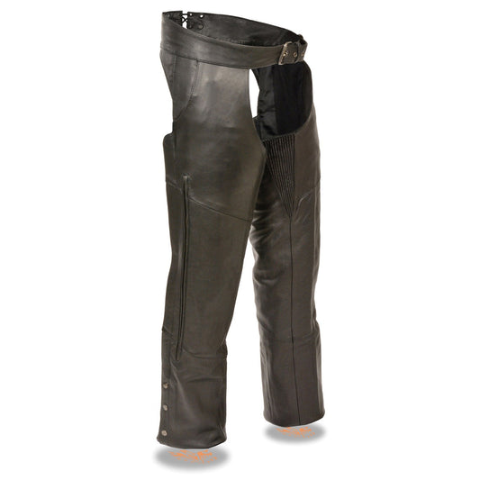 Chaps for Men's Black Vented Premium Leather Motorcycle Chaps w/ Side Pocket-Stretch Thigh-ML1129