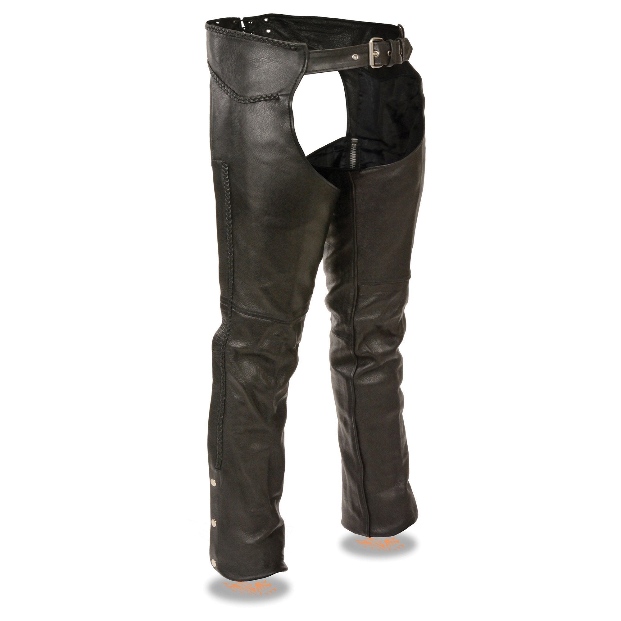 Chaps for Men's Black Thick Braided Premium Leather Motorcycle Chaps w/ Front Coin Pocket-ML1135