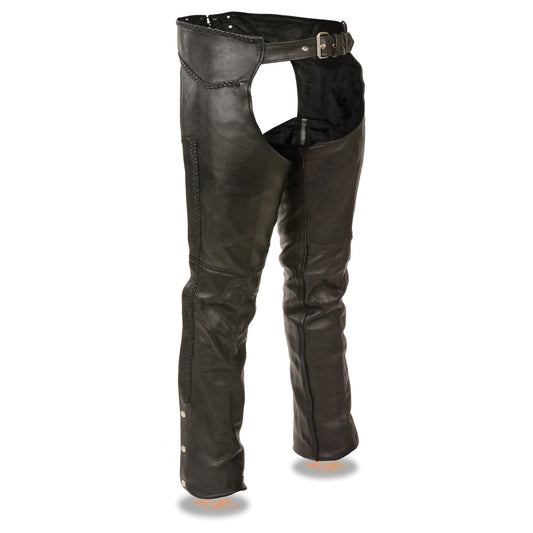 Chaps for Men's Black Thick Braided Premium Leather Motorcycle Chaps w/ Front Coin Pocket-ML1135