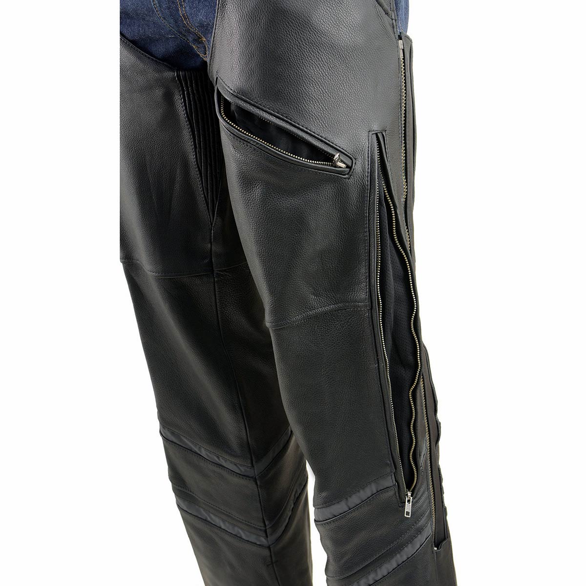 ML1144 Men's Black Premium Leather Vented Motorcycle Rider Chaps w/ Reflective Piping