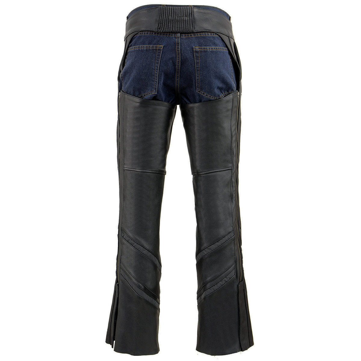 ML1144 Men's Black Premium Leather Vented Motorcycle Rider Chaps w/ Reflective Piping