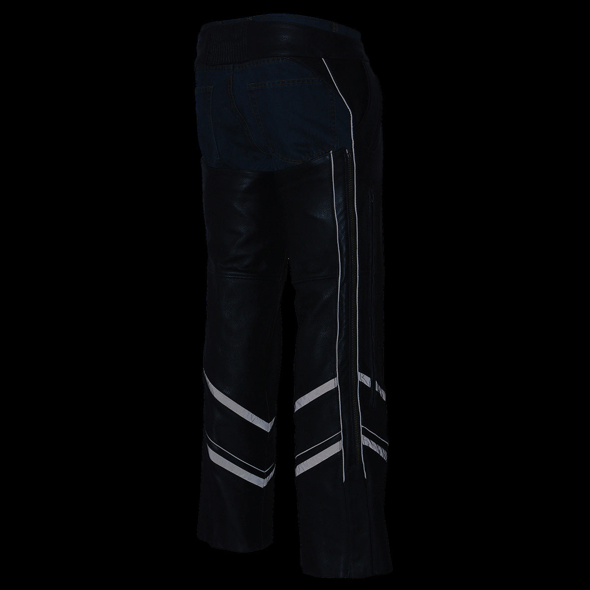 ML1144 Men's Black Premium Leather Vented Motorcycle Rider Chaps w/ Reflective Piping