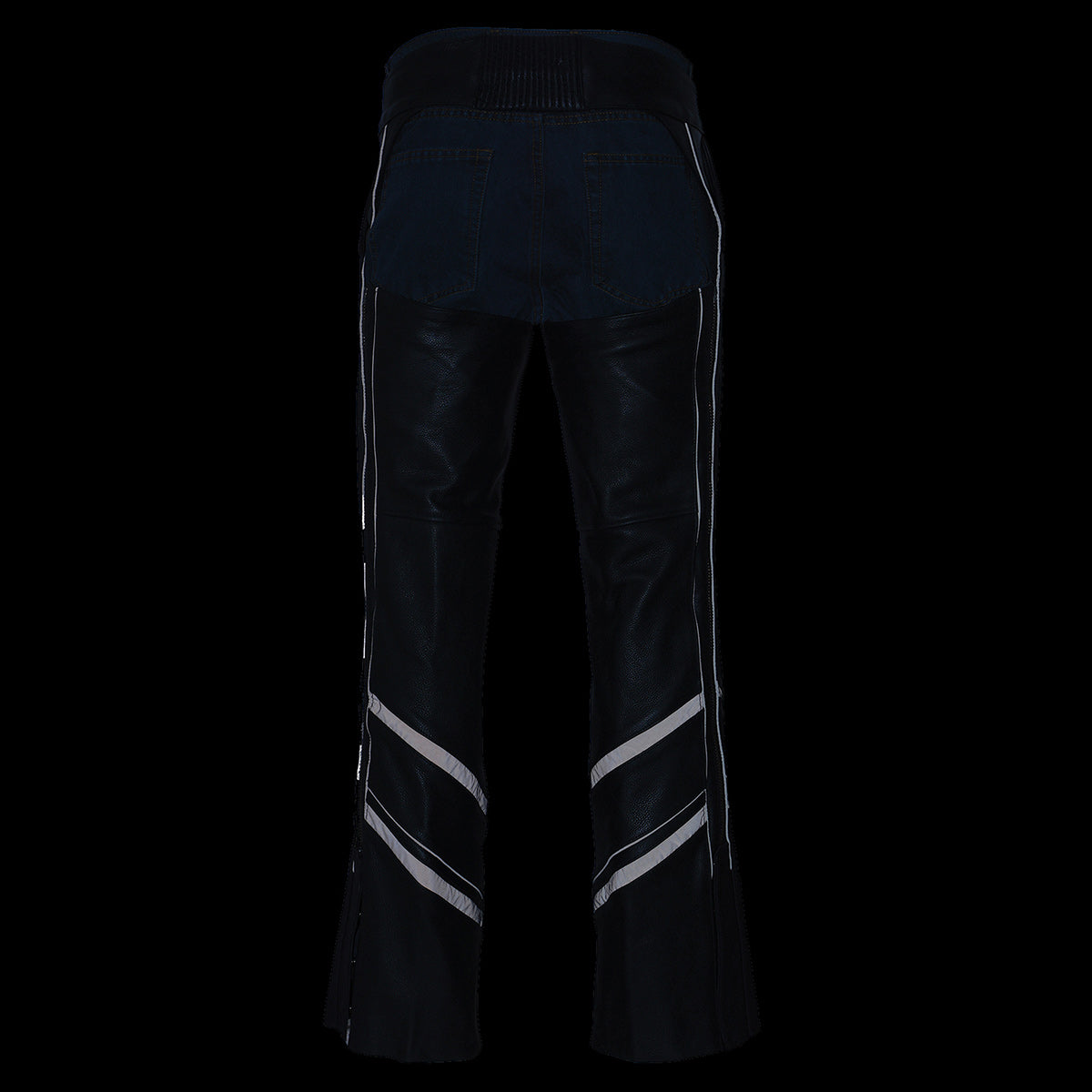 ML1144 Men's Black Premium Leather Vented Motorcycle Rider Chaps w/ Reflective Piping