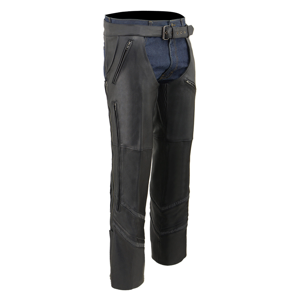 ML1144 Men's Black Premium Leather Vented Motorcycle Rider Chaps w/ Reflective Piping