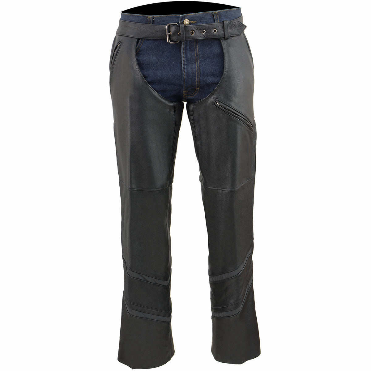 ML1144 Men's Black Premium Leather Vented Motorcycle Rider Chaps w/ Reflective Piping