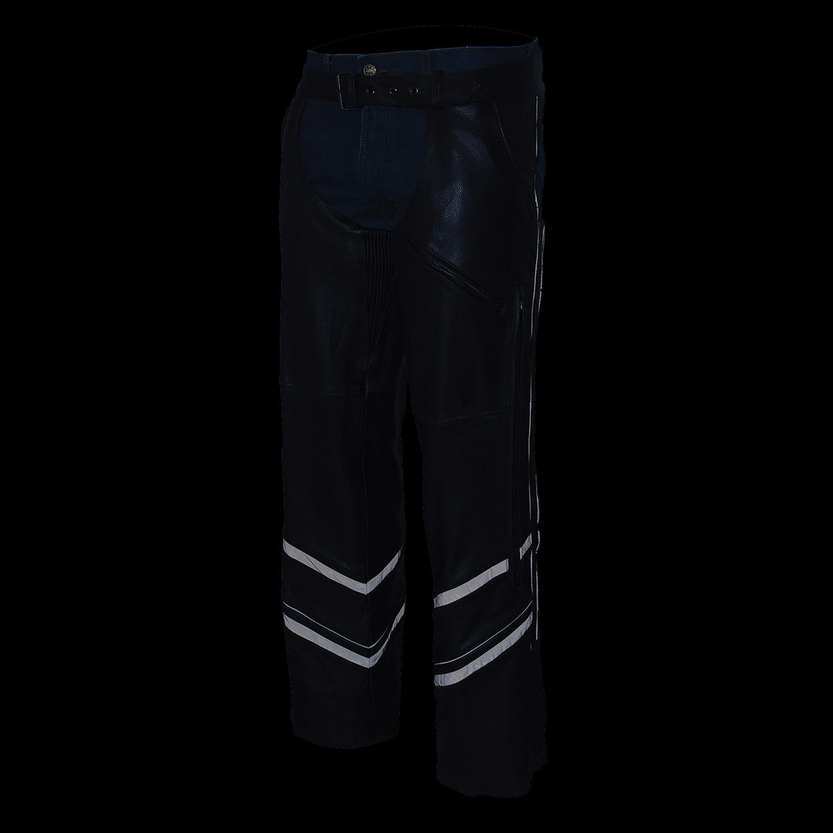 ML1144 Men's Black Premium Leather Vented Motorcycle Rider Chaps w/ Reflective Piping