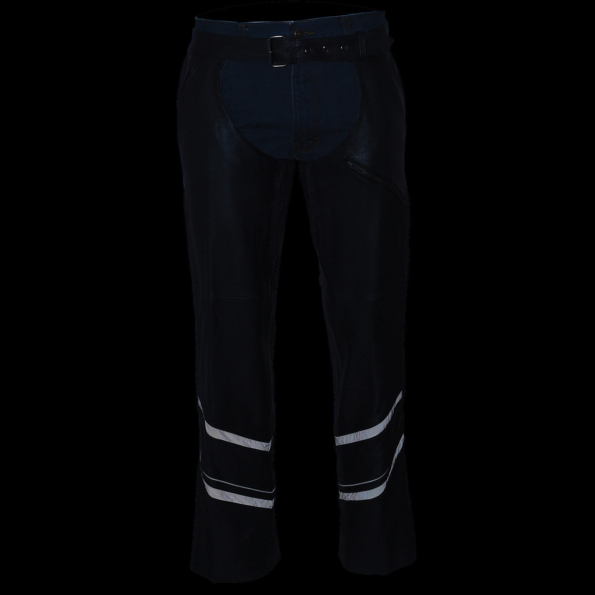ML1144 Men's Black Premium Leather Vented Motorcycle Rider Chaps w/ Reflective Piping