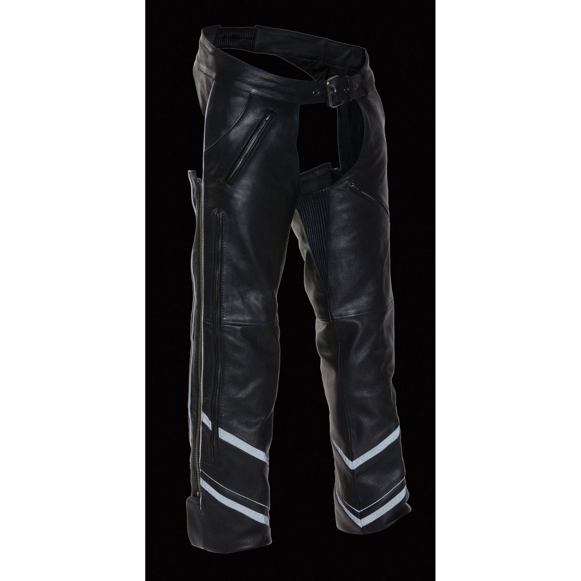 ML1144 Men's Black Premium Leather Vented Motorcycle Rider Chaps w/ Reflective Piping