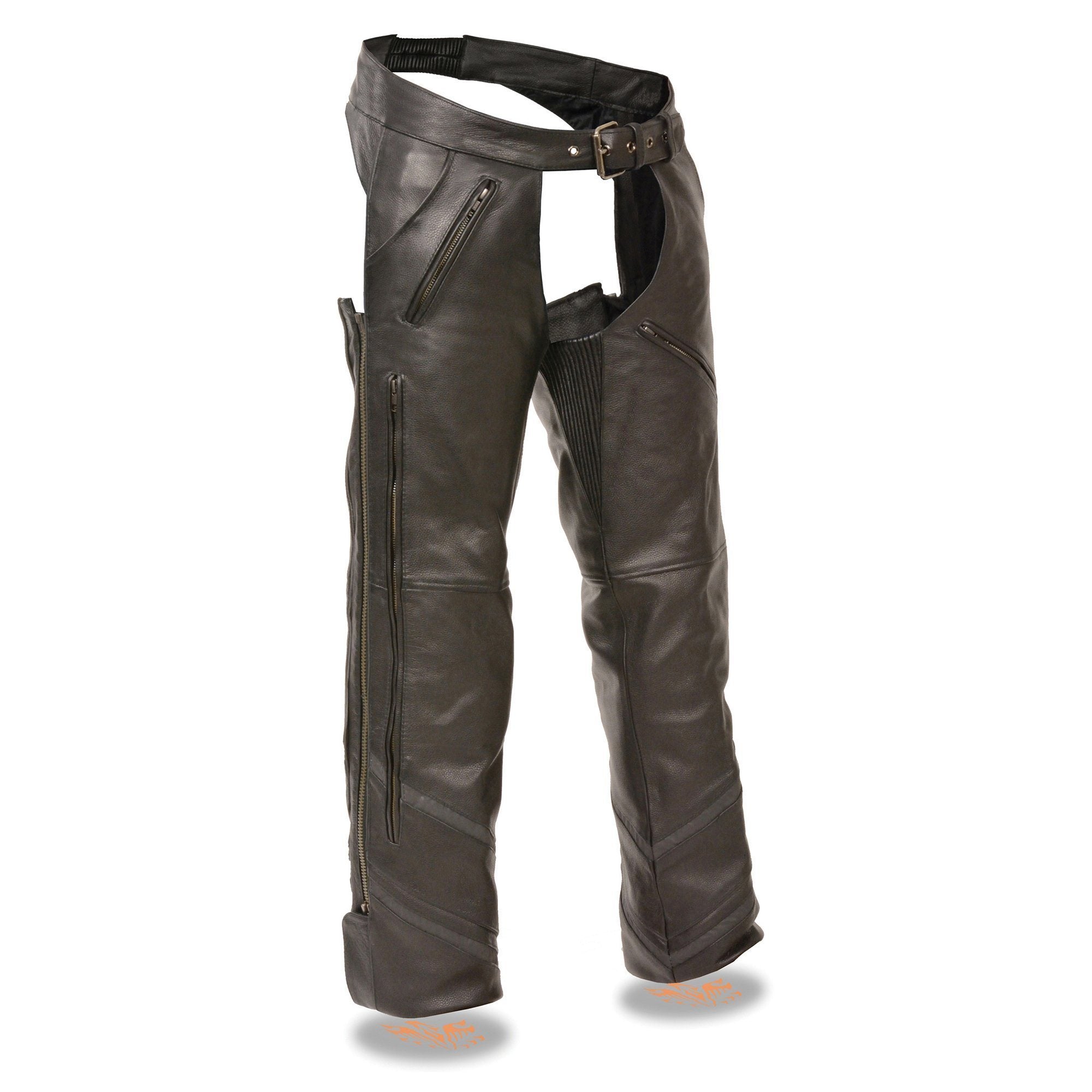ML1144 Men's Black Premium Leather Vented Motorcycle Rider Chaps w/ Reflective Piping