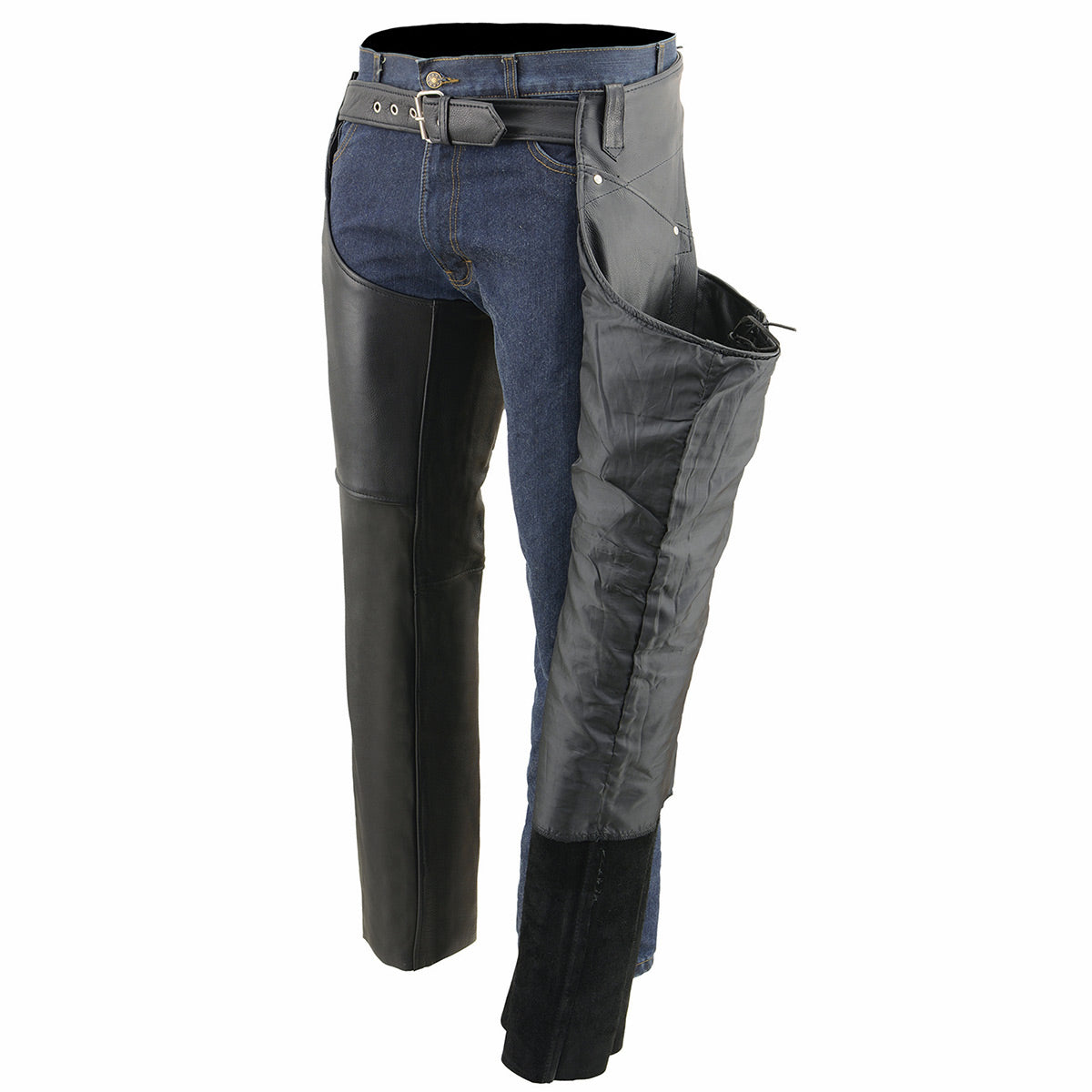 Women's Black Premium Leather Motorcycle Rider Chaps w/ Deep Hip Pockets/Back Thigh Laces-ML1173