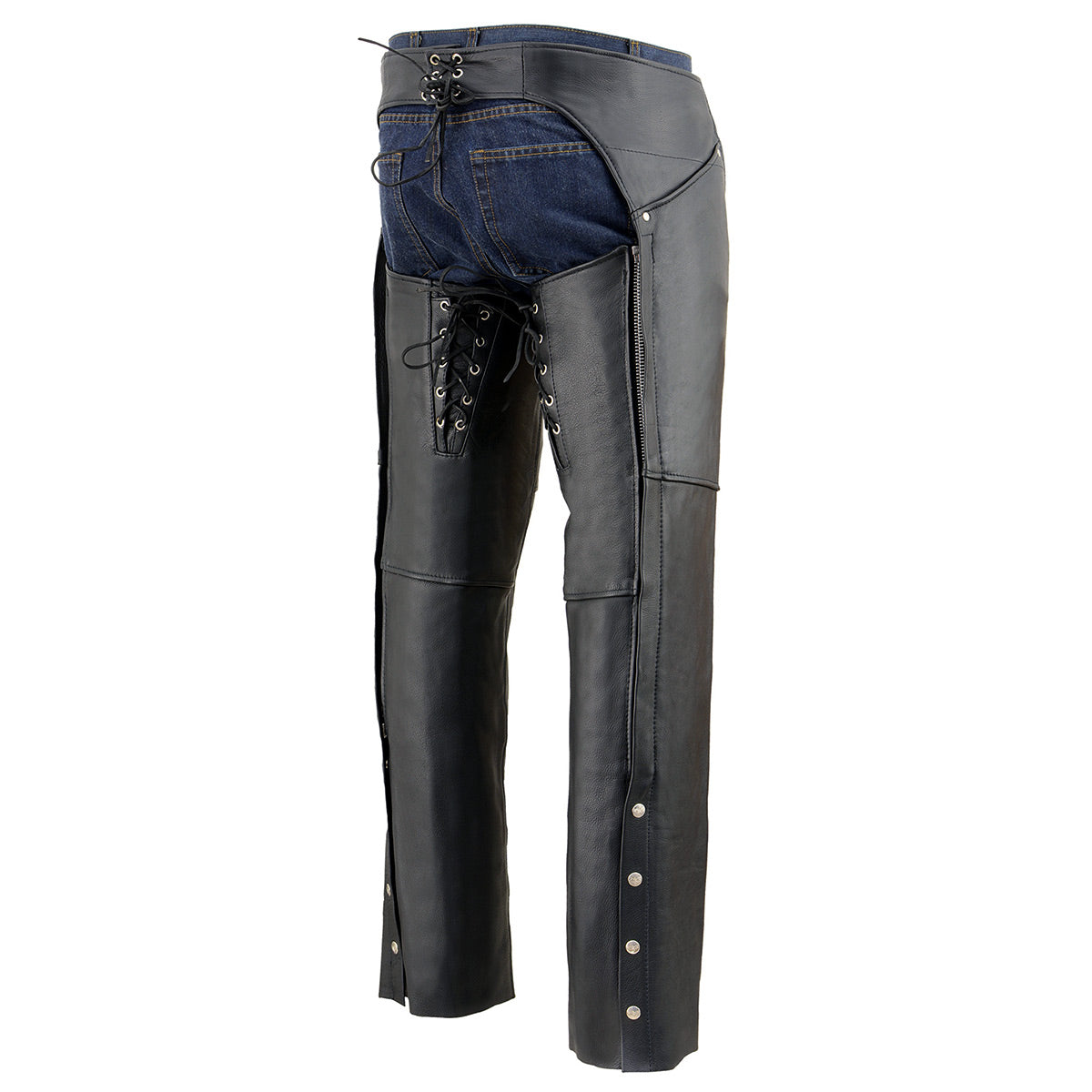 Chaps for Women Black Premium Skin - Deep Hip Pockets Back Thigh Laces Motorcycle Chap - SH1173