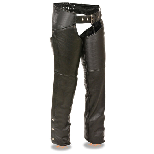 Women's Black Premium Leather Motorcycle Rider Chaps w/ Deep Hip Pockets/Back Thigh Laces-ML1173
