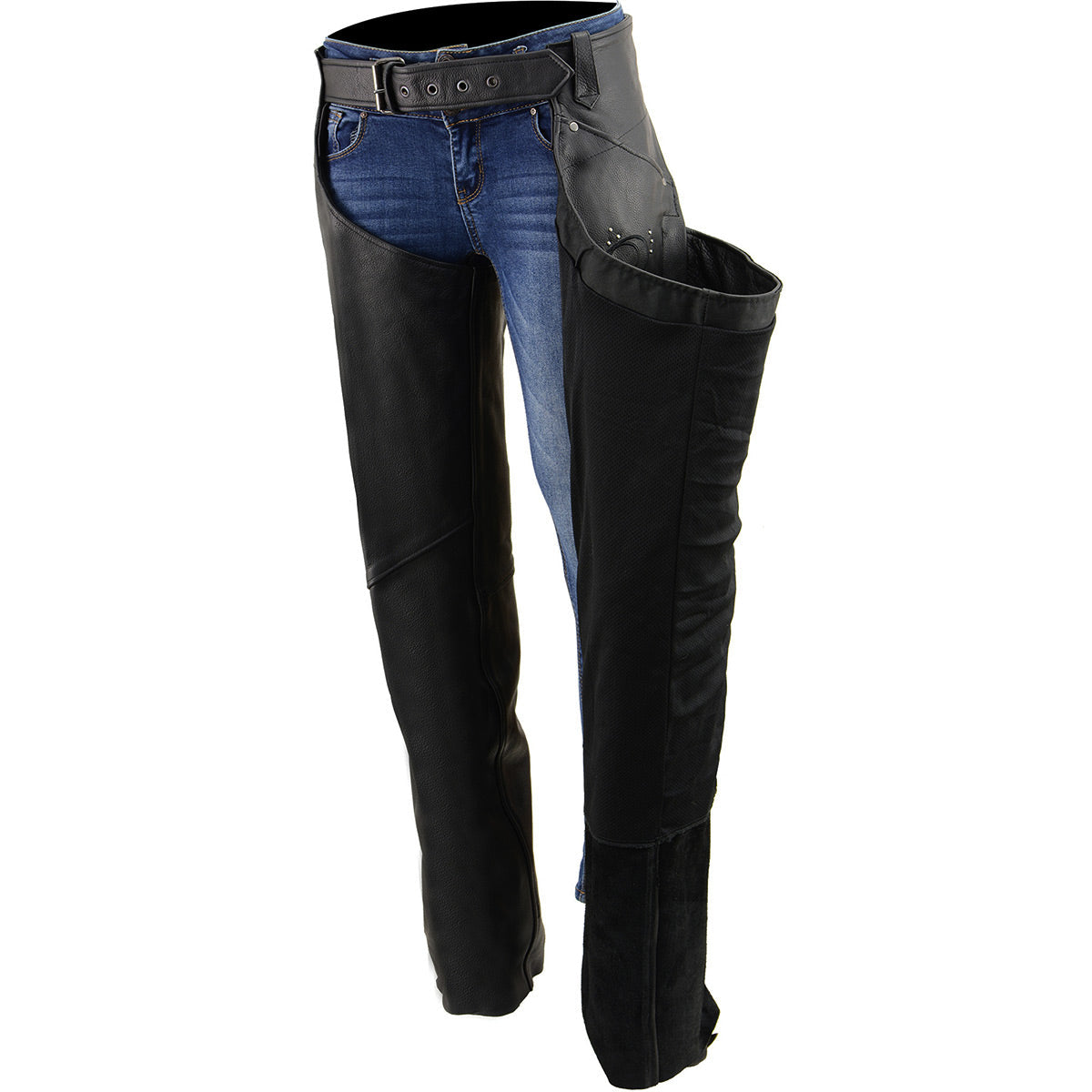 Women's Classic Black Premium Leather Motorcycle Chaps w/ Black Wing Embroidery-ML1179