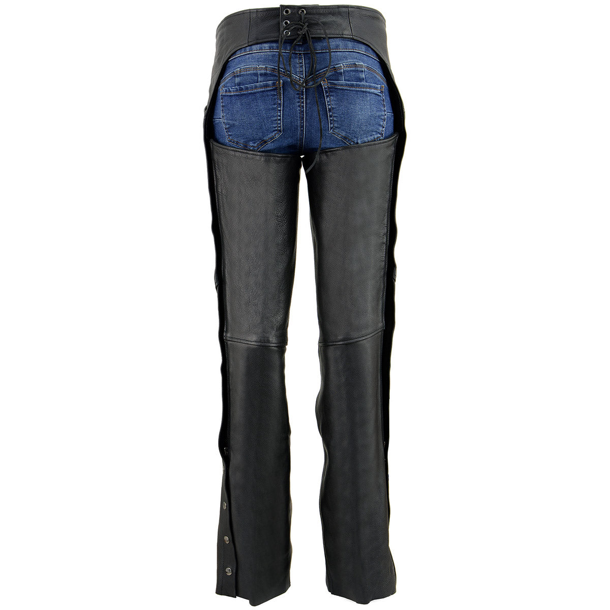 Women's Classic Black Premium Leather Motorcycle Chaps w/ Black Wing Embroidery-ML1179