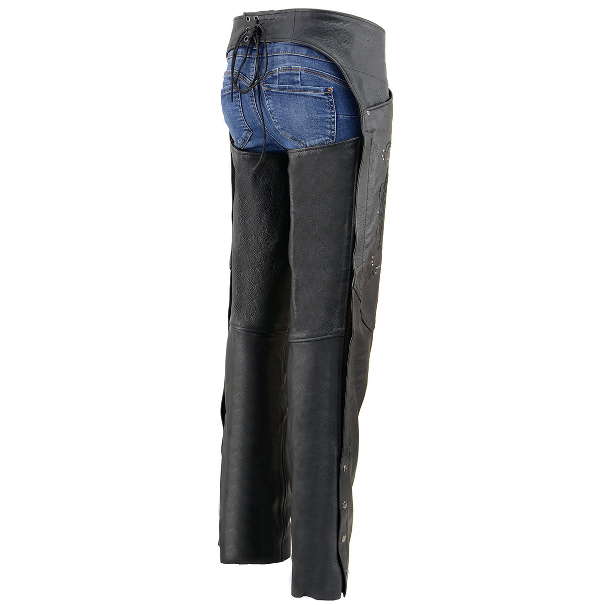 Women's Classic Black Premium Leather Motorcycle Chaps w/ Black Wing Embroidery-ML1179