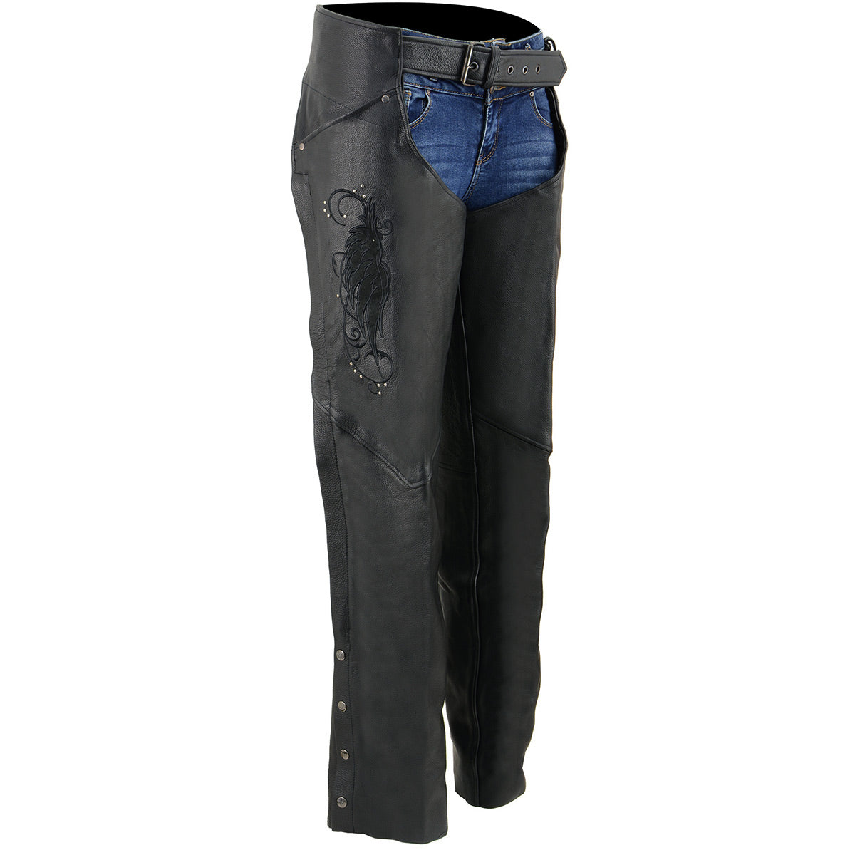 Women's Classic Black Premium Leather Motorcycle Chaps w/ Black Wing Embroidery-ML1179