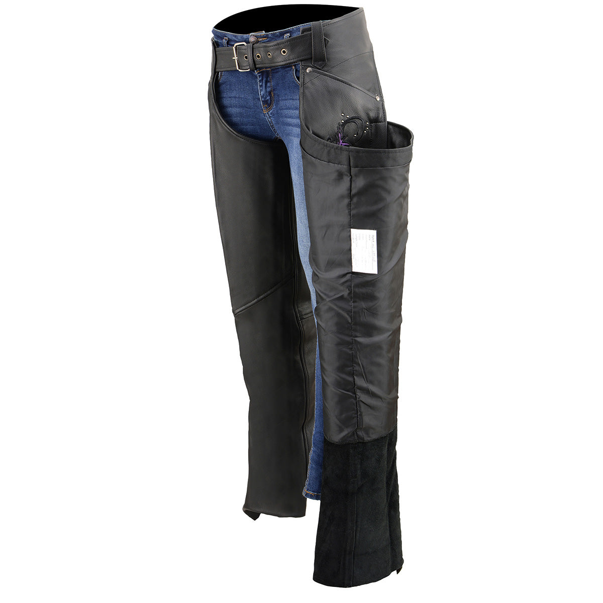 Women's Classic Black Premium Leather Motorcycle Chaps w/ Purple Wing Embroidery-ML1179