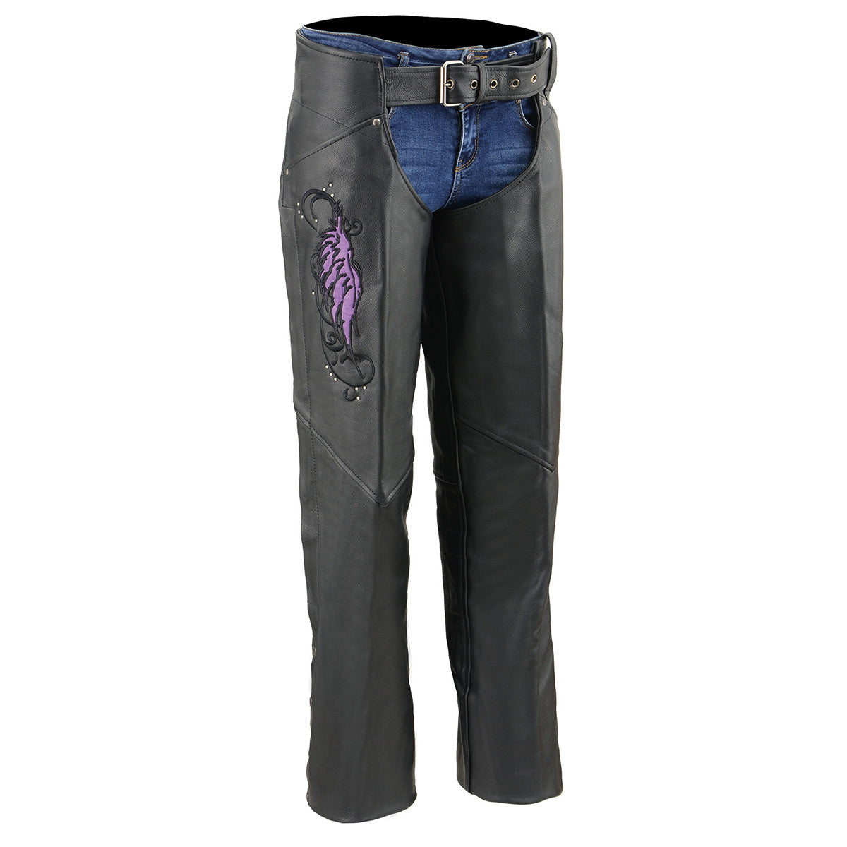 Women's Classic Black Premium Leather Motorcycle Chaps w/ Purple Wing Embroidery-ML1179