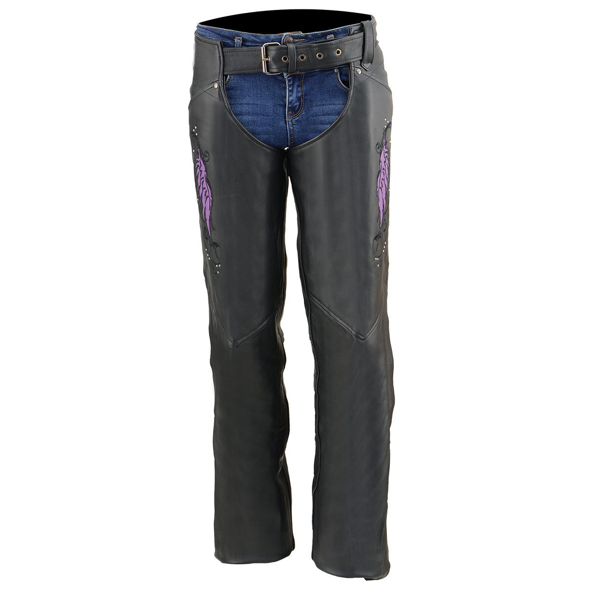 Women's Classic Black Premium Leather Motorcycle Chaps w/ Purple Wing Embroidery-ML1179