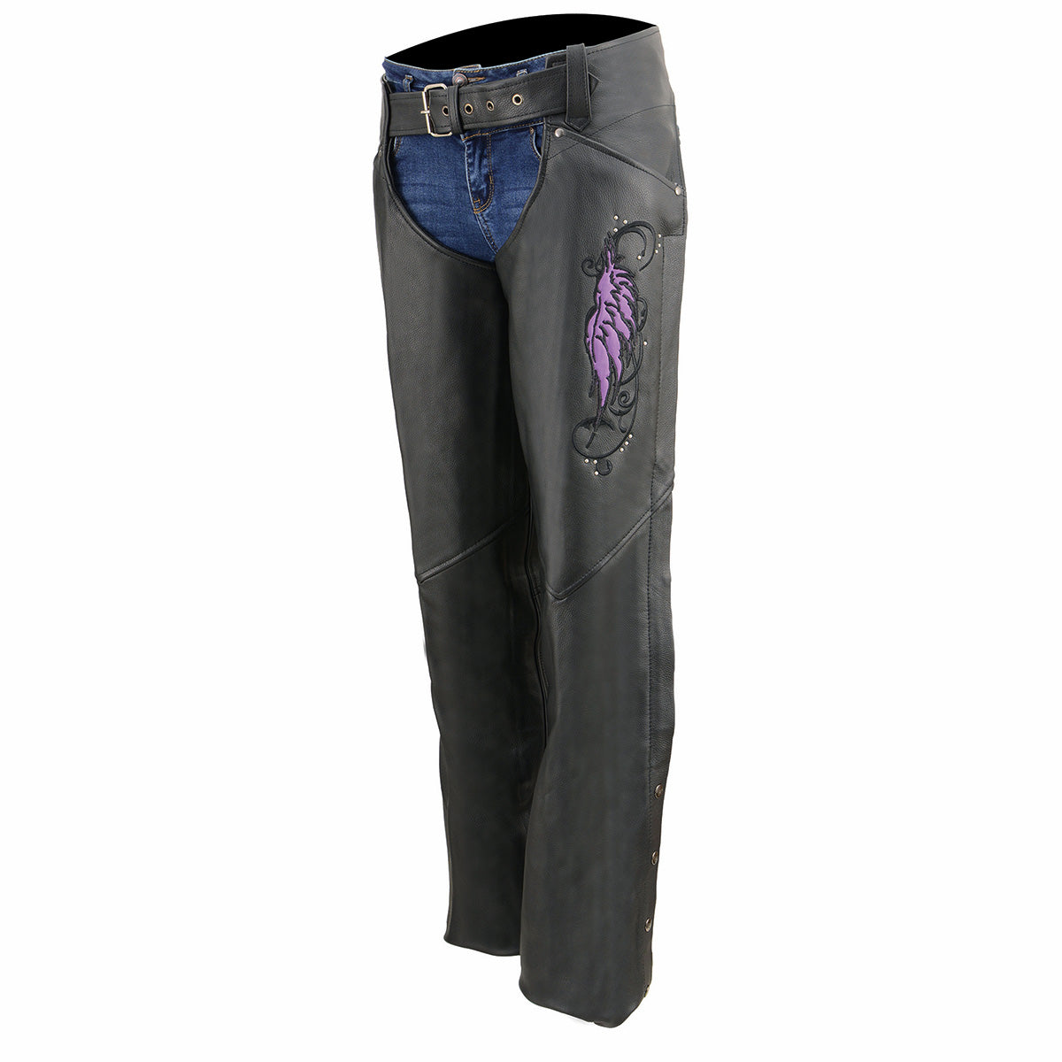 Women's Classic Black Premium Leather Motorcycle Chaps w/ Purple Wing Embroidery-ML1179
