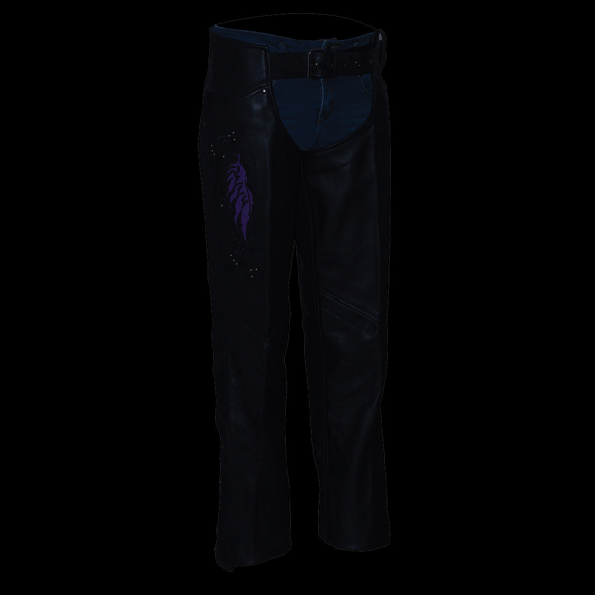 Women's Classic Black Premium Leather Motorcycle Chaps w/ Black Wing Embroidery-ML1179