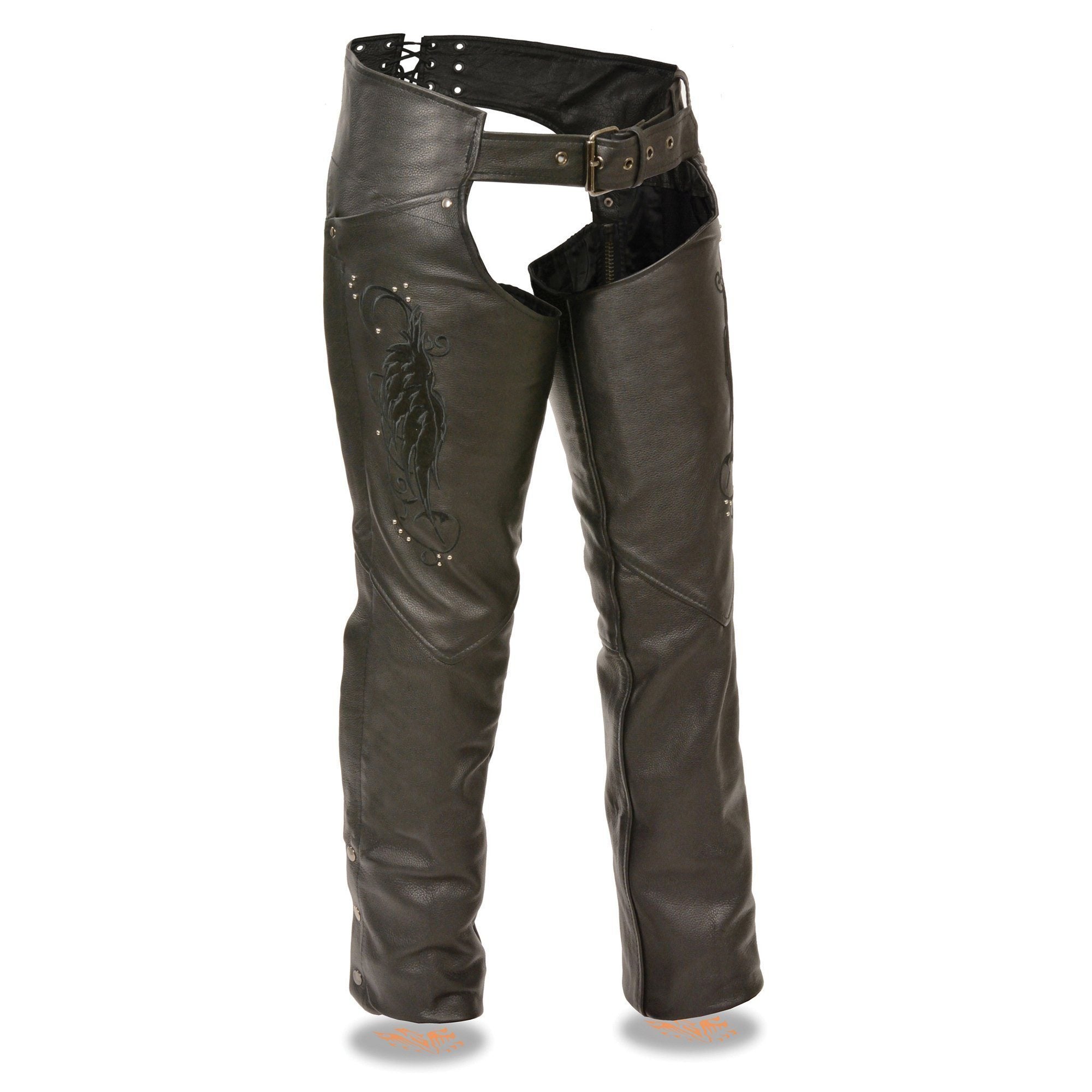Women's Classic Black Premium Leather Motorcycle Chaps w/ Black Wing Embroidery-ML1179