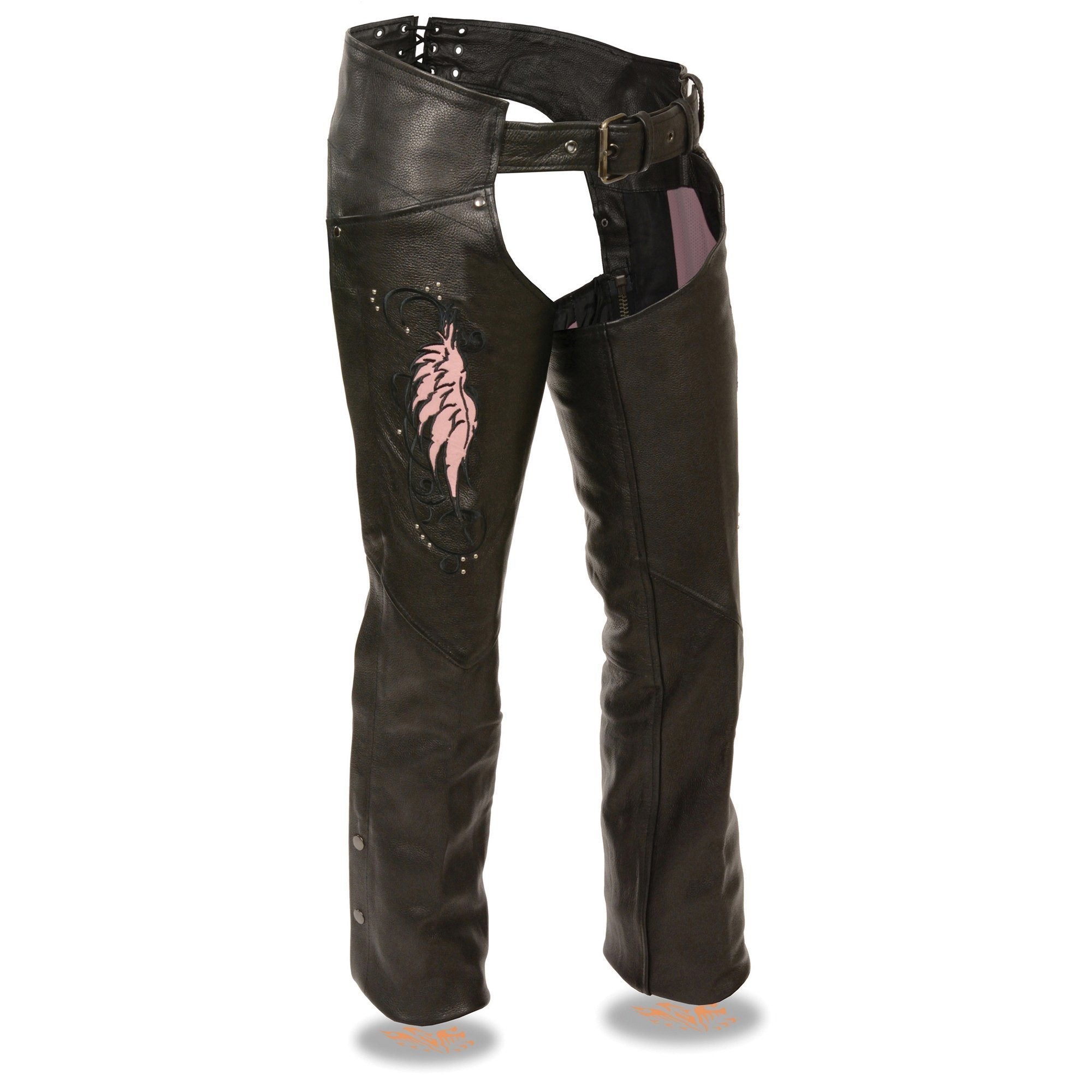 Women's Classic Black Premium Leather Motorcycle Chaps w/ Pink Wing Embroidery-ML1179
