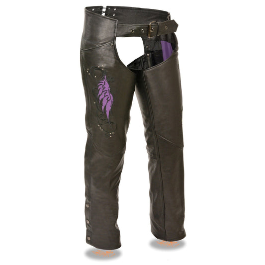 Women's Classic Black Premium Leather Motorcycle Chaps w/ Purple Wing Embroidery-ML1179
