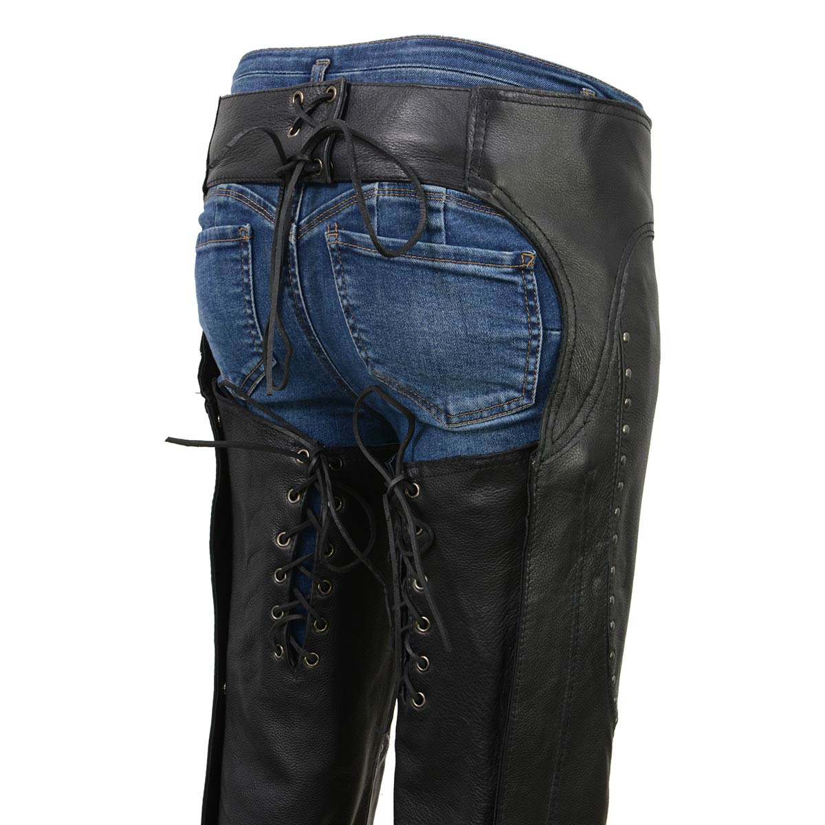 Chaps for Women Black Low-Rise Waist- Front Double Buckle Rivet Detailing Motorcycle Chap- ML1186