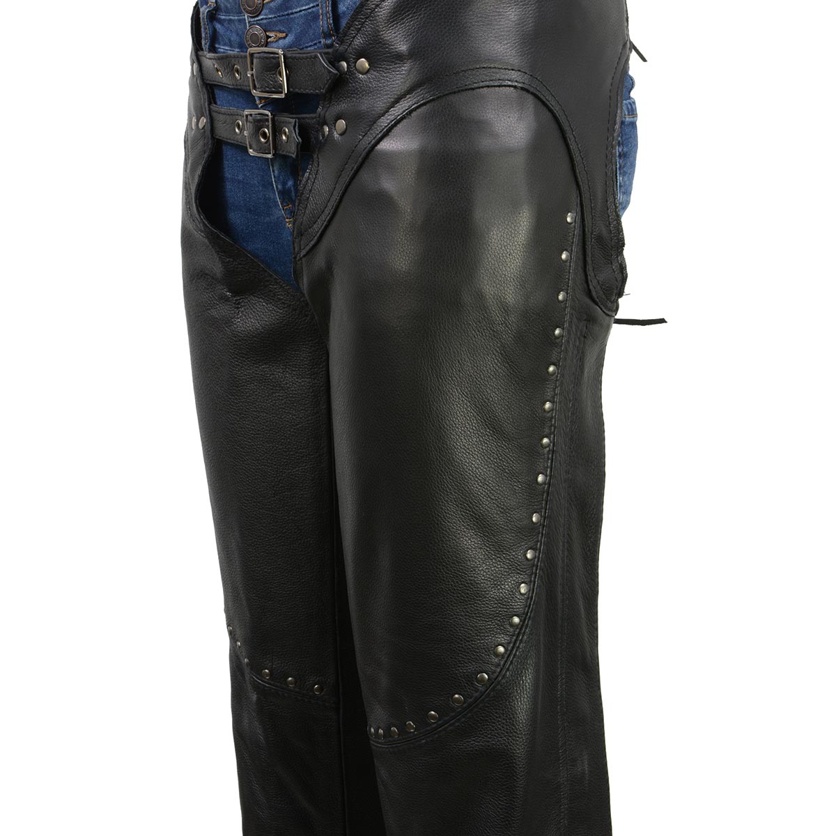 Chaps for Women Black Low-Rise Waist- Front Double Buckle Rivet Detailing Motorcycle Chap- ML1186