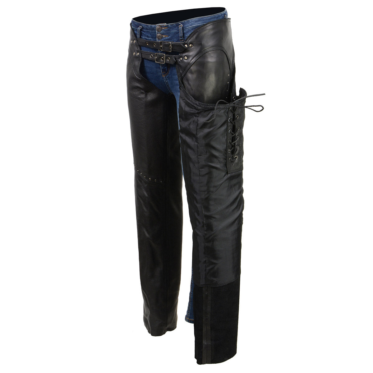 Chaps for Women Black Low-Rise Waist- Front Double Buckle Rivet Detailing Motorcycle Chap- ML1186