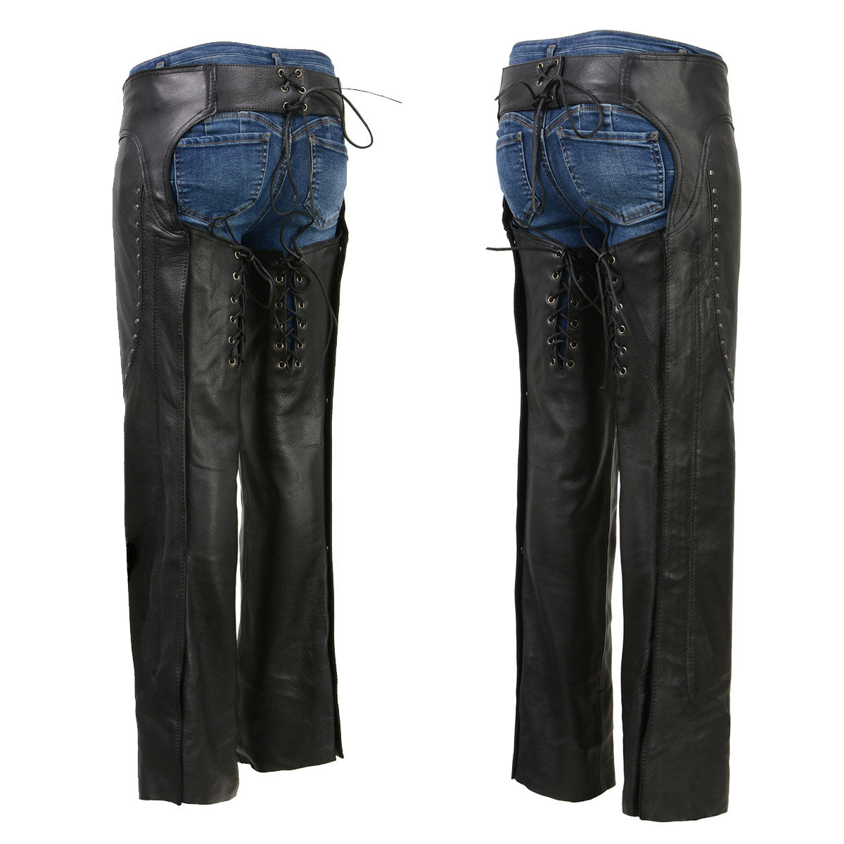 Chaps for Women Black Low-Rise Waist- Front Double Buckle Rivet Detailing Motorcycle Chap- ML1186