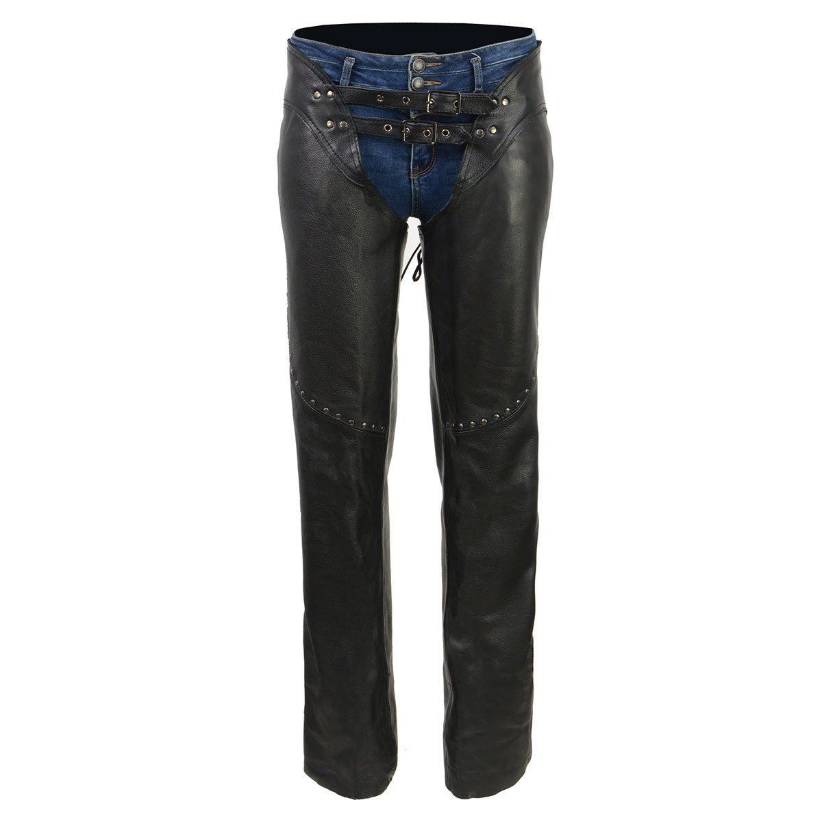 Chaps for Women Black Low-Rise Waist- Front Double Buckle Rivet Detailing Motorcycle Chap- ML1186