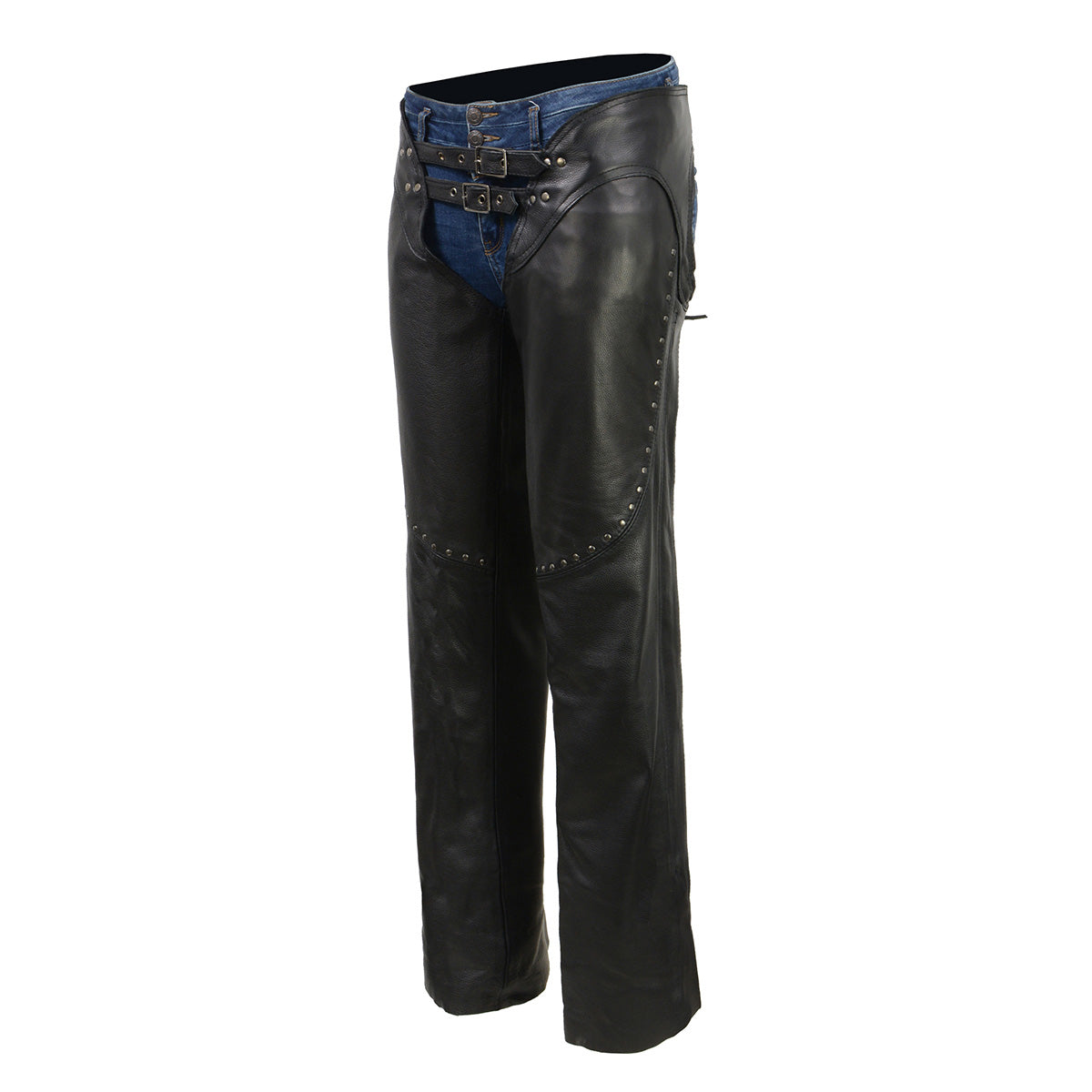 Chaps for Women Black Low-Rise Waist- Front Double Buckle Rivet Detailing Motorcycle Chap- ML1186
