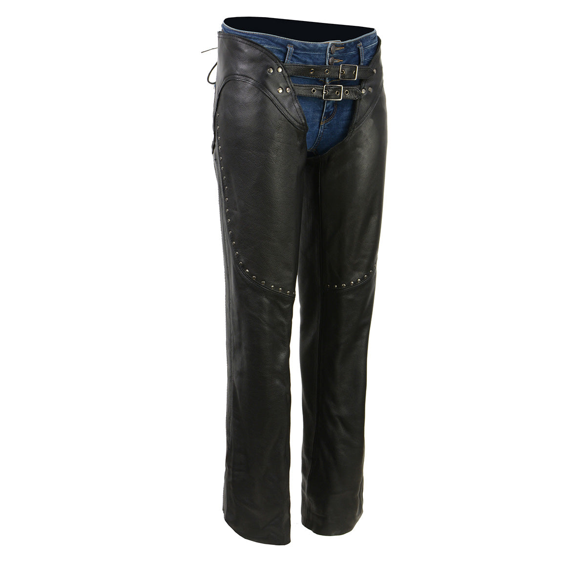 Chaps for Women Black Low-Rise Waist- Front Double Buckle Rivet Detailing Motorcycle Chap- ML1186