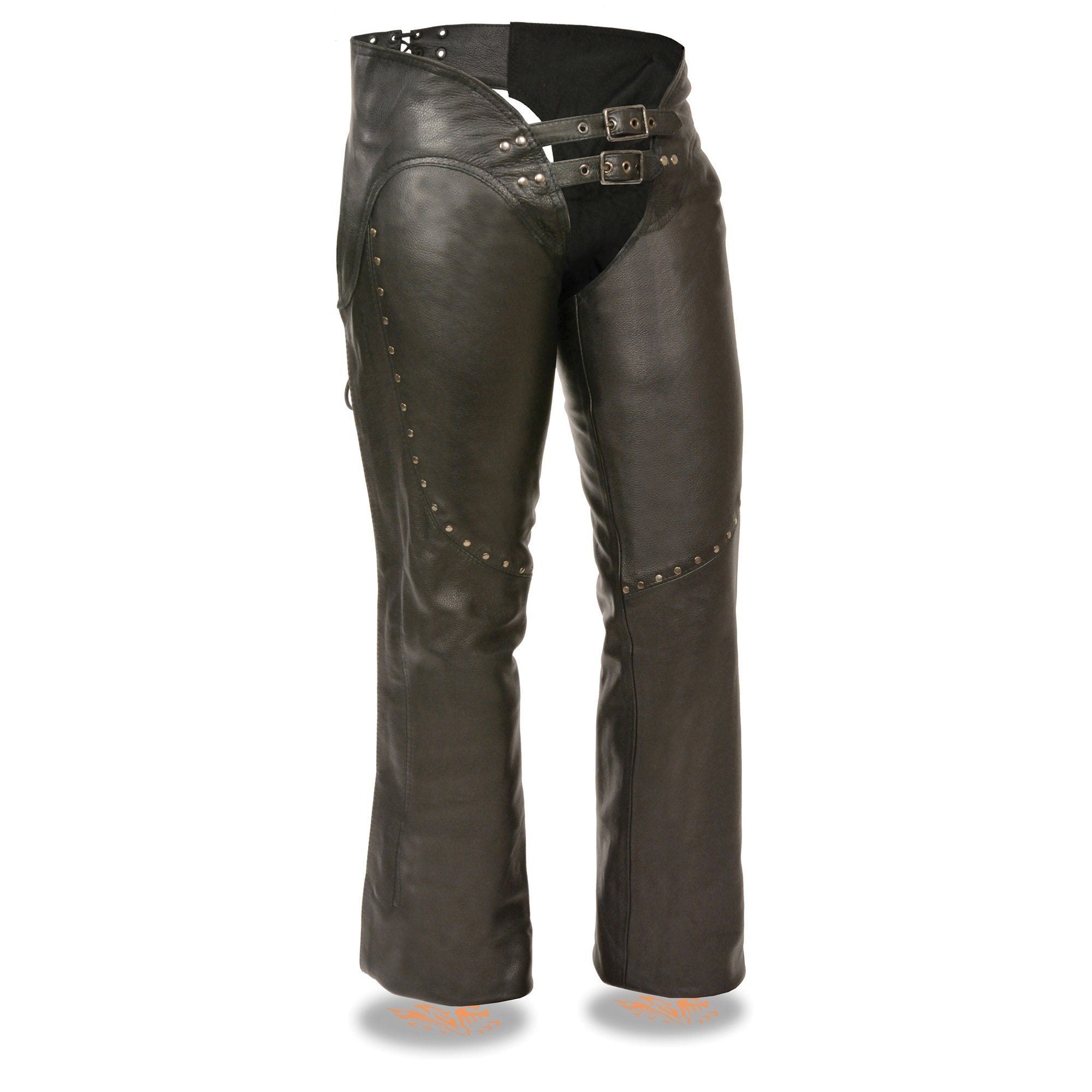 Chaps for Women Black Low-Rise Waist- Front Double Buckle Rivet Detailing Motorcycle Chap- ML1186