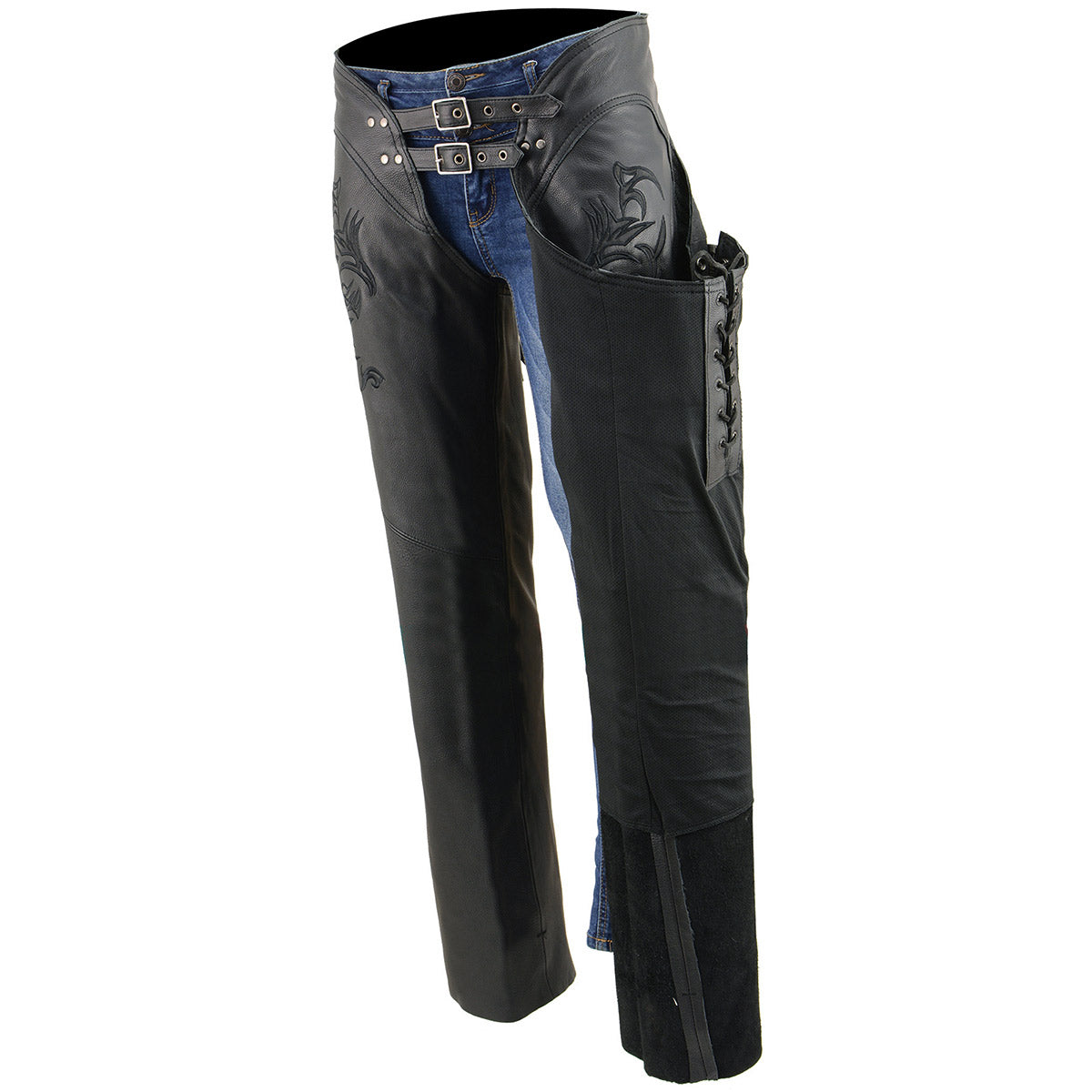 Chaps for Women Black Low-Rise Waist- Double Buckle Reflective Embroidery Motorcycle Chap- ML1187