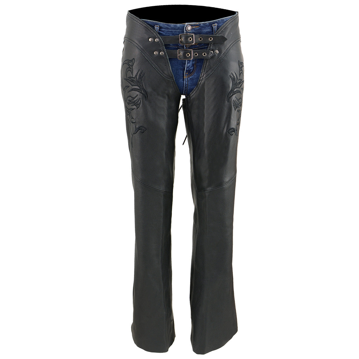 Chaps for Women Black Low-Rise Waist- Double Buckle Reflective Embroidery Motorcycle Chap- ML1187
