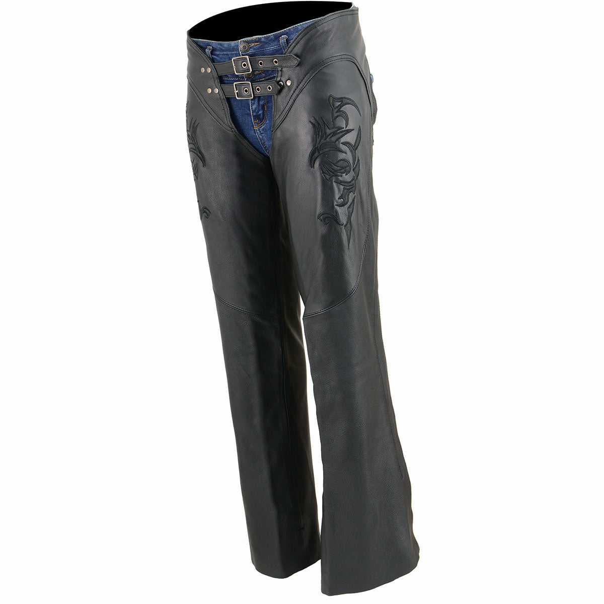 Chaps for Women Black Low-Rise Waist- Double Buckle Reflective Embroidery Motorcycle Chap- ML1187