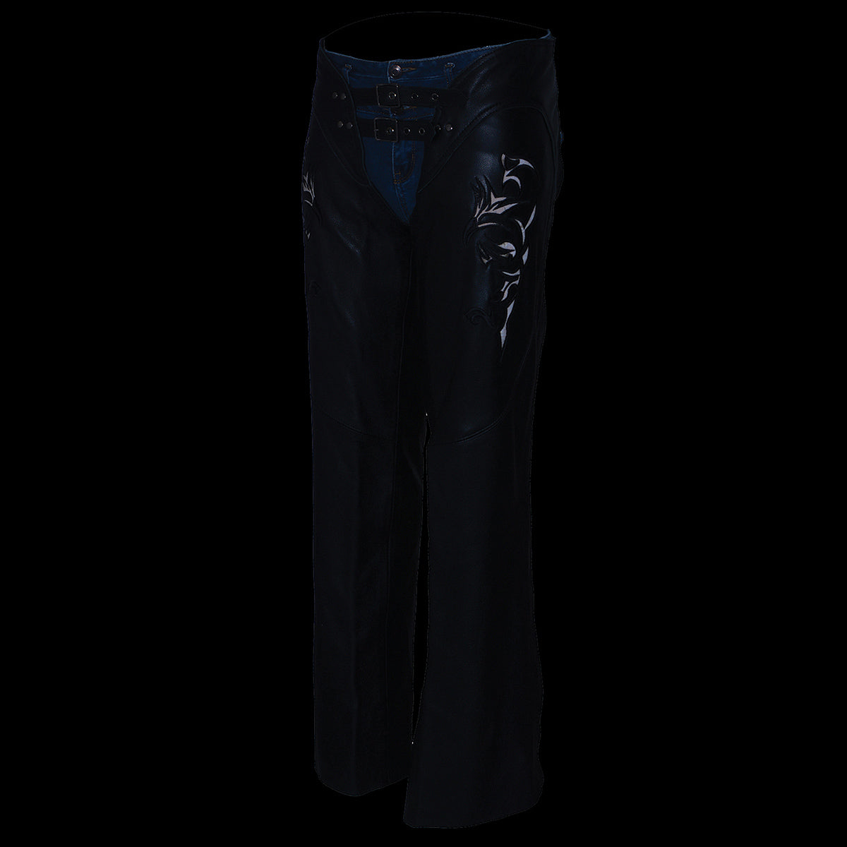 Chaps for Women Black Low-Rise Waist- Double Buckle Reflective Embroidery Motorcycle Chap- ML1187