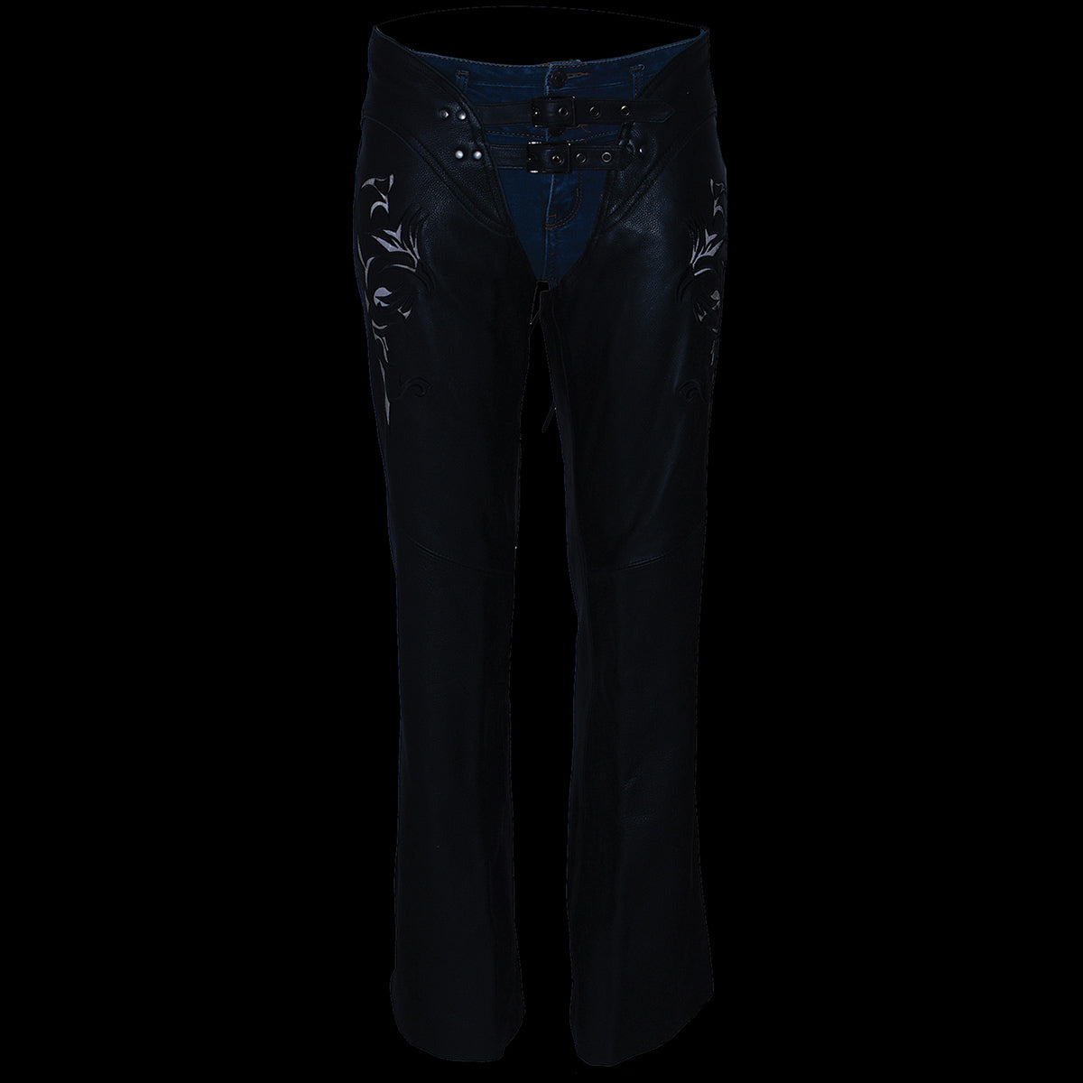 Chaps for Women Black Low-Rise Waist- Double Buckle Reflective Embroidery Motorcycle Chap- ML1187