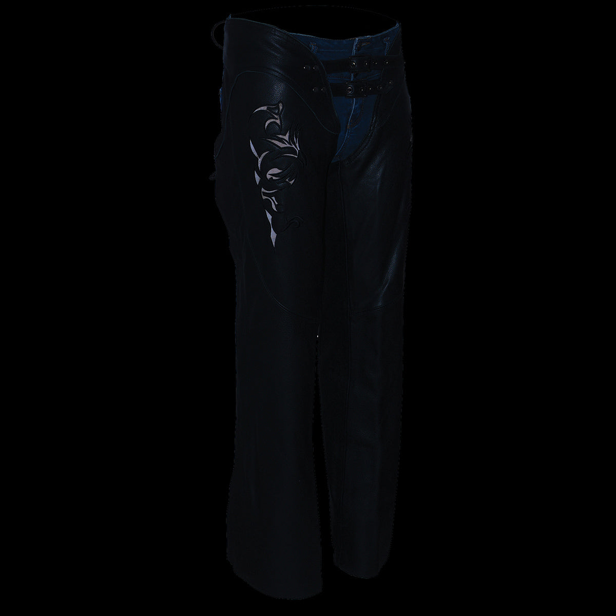 Chaps for Women Black Low-Rise Waist- Double Buckle Reflective Embroidery Motorcycle Chap- ML1187